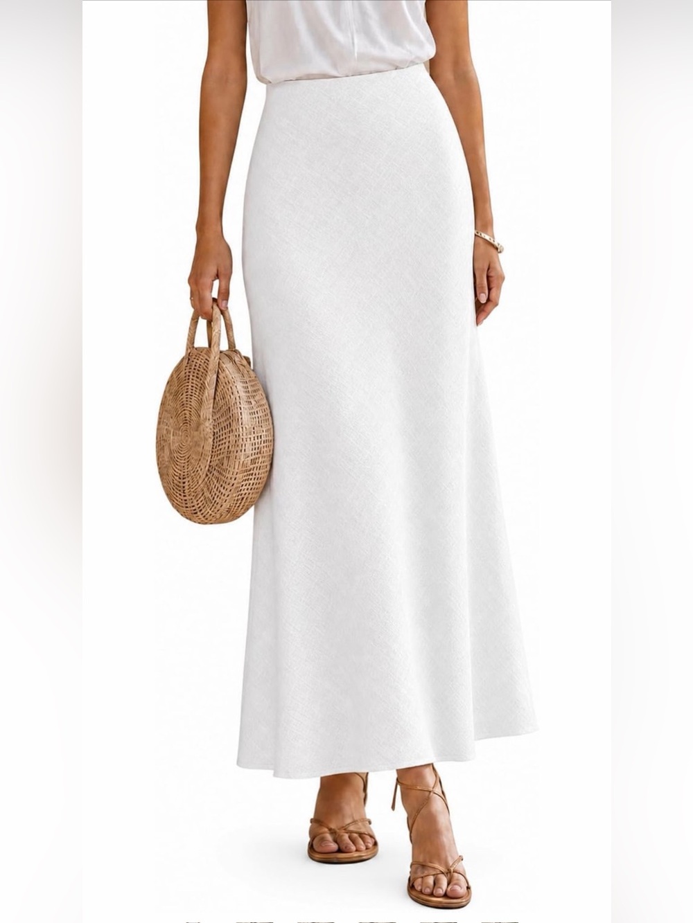 White Linen Maxi Skirt Elastic High Waisted Flowy A-Line Boho Long Skirt, Small